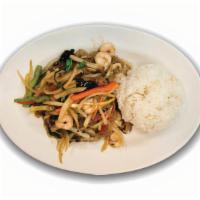 해물 잡채밥 Seafood Japchae Rice · Steamed rice topped with stir-fried glass noodles, mixed seafood, and vegetables.