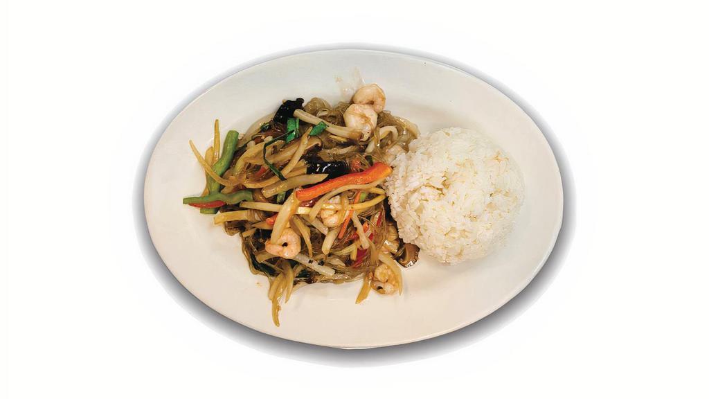해물 잡채밥 Seafood Japchae Rice · Steamed rice topped with stir-fried glass noodles, mixed seafood, and vegetables.