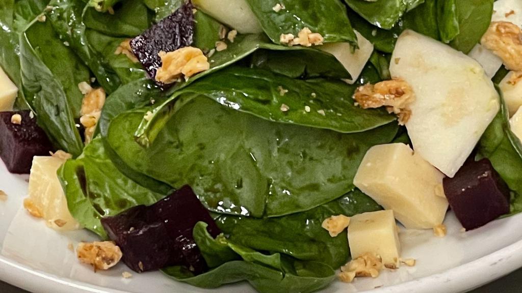 Baby Spinach And Beet Salad  · Apple, Candy Walnuts, Summer Balsamic Vinegar.