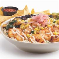 New! Garlic Shrimp Bowl · Sauteed shrimp, cilantro lime rice, black beans, poblano peppers and onions, corn salsa, gar...