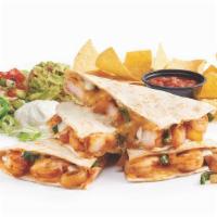 Fajita Shrimp Quesadilla · Sauteed shrimp, poblano peppers and onions, cheddar jack cheese, and garlic lime sauce, with...