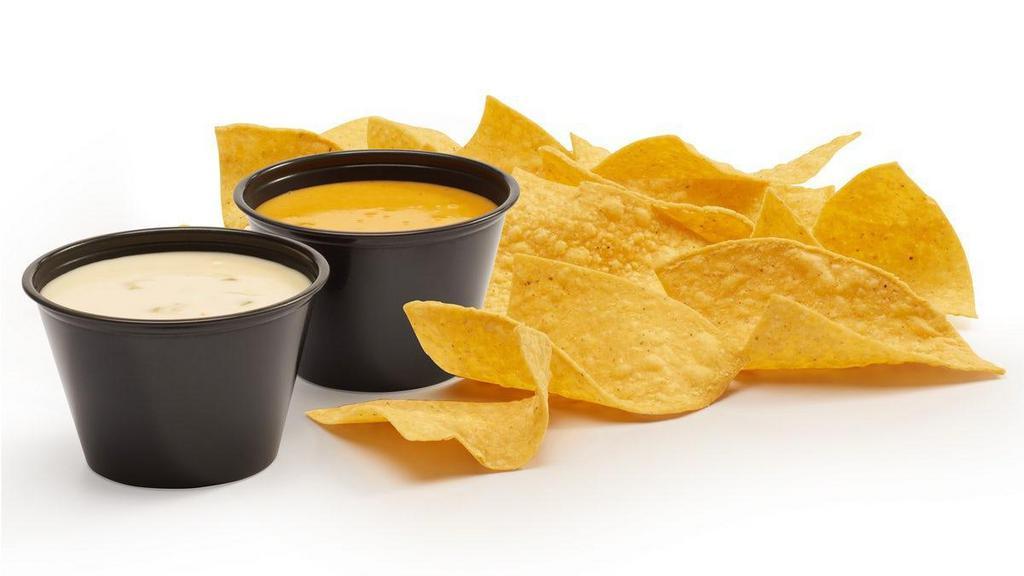 New! Dueling Queso & Chips · Best of both worlds! New queso blanco & signature gold queso with chips