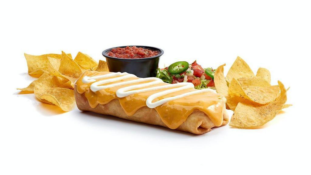 Tijuana Chimichanga · Lightly fried flour or wheat tortilla with choice of filling and toppings. Served with a side of chips. 866-1153 CAL