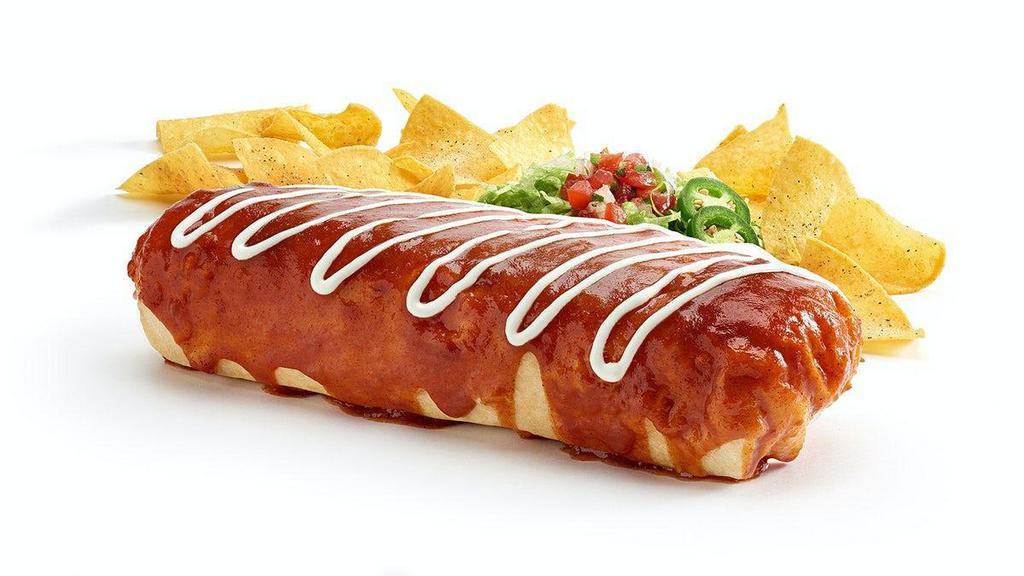 Megajuana Chimichanga · Double meat and double cheese with lightly fried flour or wheat tortilla with choice of filling and toppings. Served with a side of chips. 1065-1618 CAL
