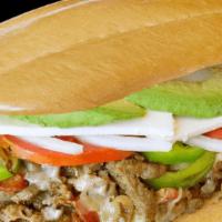 Texana · Grilled steak, bacon, bell pepper and cheese. All tortas contain beans, mayonnaise, avocate,...