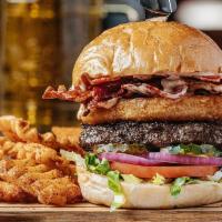 Backstage Pass · Sneak behind the curtain for a juicy burger topped with fried cheese and thick-cut bacon