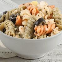 Pasta Salad · Tri-color rotini pasta in an Italian based dressing with feta & parmesan cheeses, black oliv...
