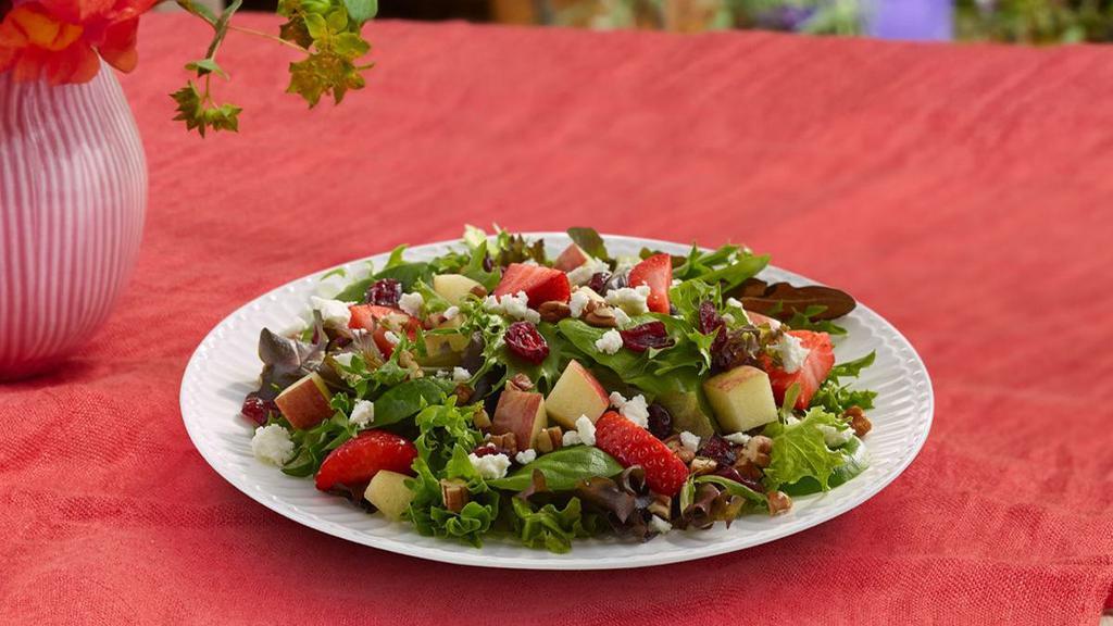 Seasonal Strawberry Side Salad · A bright summer salad topped with strawberries, sweetened dried cranberries, Fuji apples, feta cheese, & crunchy pecans.