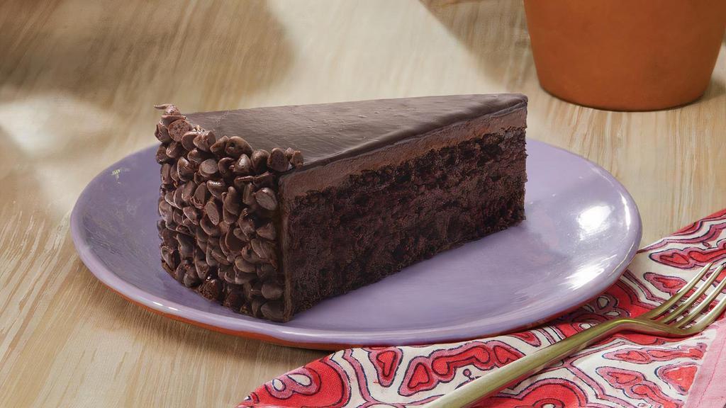 Divine Chocolate Cake Slice · Chocolate cake covered with chocolate icing then layered with fudge topping and chocolate chips.