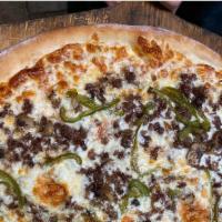 Philly Cheesesteak Pizza  · Hand-stretched dough, provolone cheese, sauteed steak, onions, green peppers, mushrooms and ...