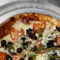 Vegetarian Pizza · Hand-stretched dough with marinara, mozzarella cheese, mushrooms, onions, black olives, toma...