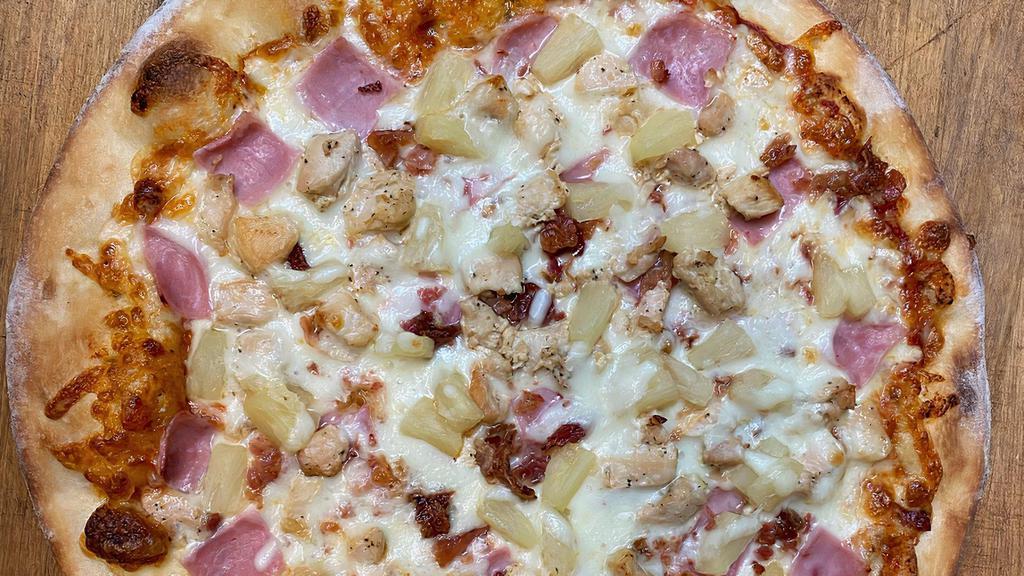  Hawaiian Chicken Pizza · Hand-stretched dough with marinara sauce, mozzarella cheese, grilled chicken, ham, pineapple, and bacon.