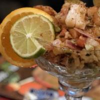 Ceviche De Mar · Spicy. Fresh hand cut cod. Shrimp, and scallops, marinated in lime juice with pico de gallo,...