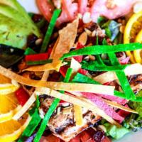 Salmon Salad · Spring mix served with dried cranberries, tomatoes, toasted almonds, tortilla strips, and gr...
