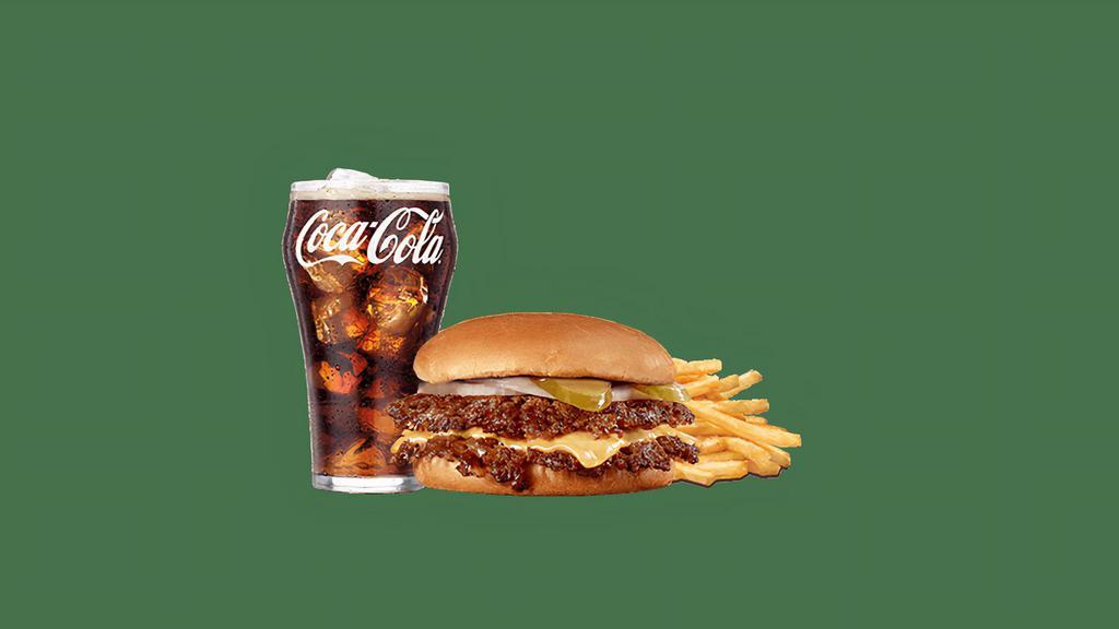 Original Double Steakburger With Cheese Combo · American cheese with a choice to add ketchup, pickle, onion, lettuce, tomato, mustard and mayo and with choice of a side and a drink