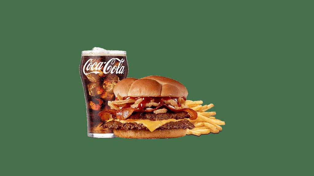 Western Bbq 'N Bacon Steakburger Combo · With American cheese, bacon, diced and fried onions, and sweet ’n smoky BBQ sauce with choice of a side and drink
