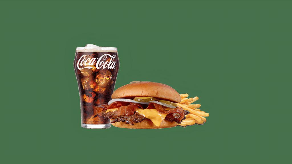 Bacon 'N Cheese Single Steakburger Combo · Bacon and American cheese with a choice to add ketchup, pickle, onion, lettuce, tomato, mustard and mayo and choice of a side and a drink