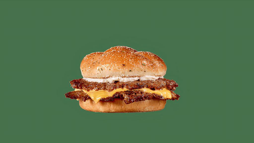 Garlic Double Steakburger  · With American cheese on a toasted bun with garlic butter and a sprinkle of garlic salt