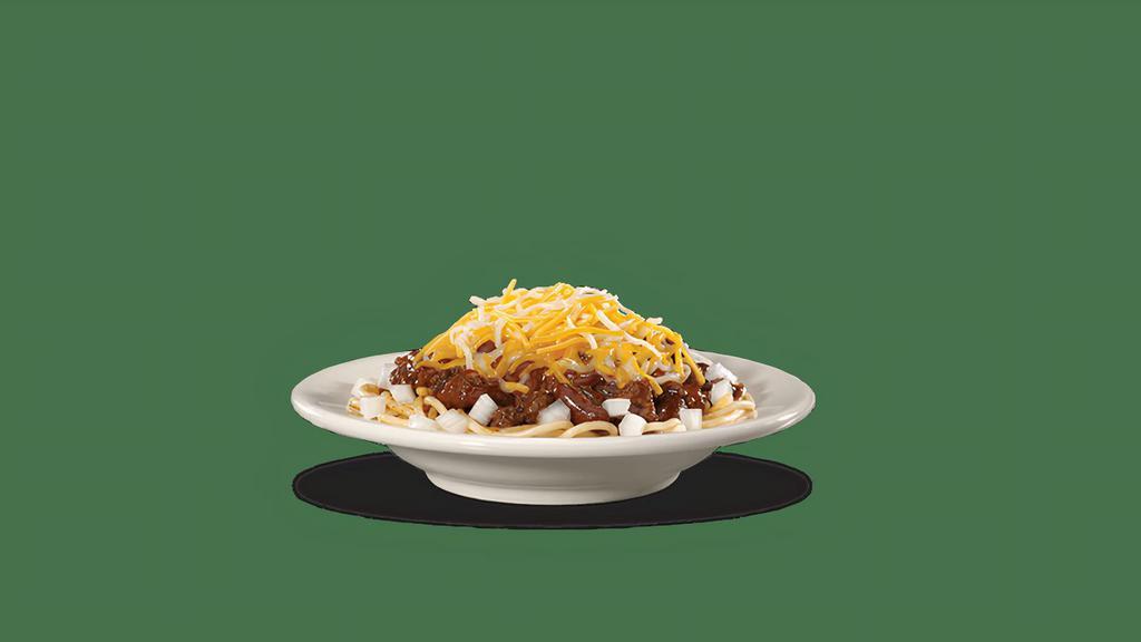 Chili 5-Way · Topped with chili, extra chili beef, our special chili sauce, shredded cheese, and diced onions.