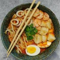 Spicy Seafood Udon · Shrimp, calamari, fried tofu, boiled egg, bean sprouts, cilantro and scallions, udon noodles...