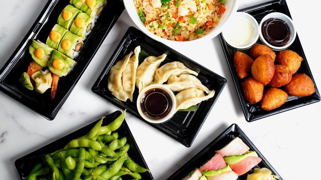 Family Of 4 · • Edamame • Gyozas (12 pcs.) • 2 Side Salads • 2 Sushi Rolls • Special Fried Rice • Thai Donuts (8 pcs.)