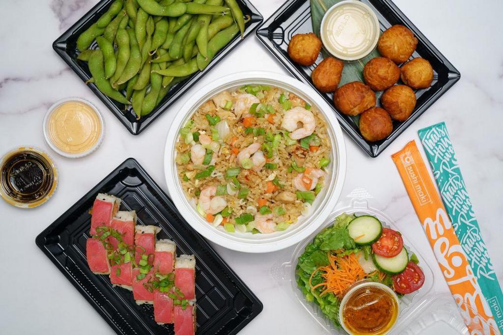 Little Meal For 2 · • Edamame  • Side Salad • Choice of a Sushi Roll • Special Fried Rice • Thai Donuts (8 pcs.)
