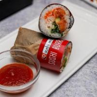 Wicked Tuna Burrito · Spicy tuna, msc kanikama salad, cucumber, romaine, masago & siracha aioli