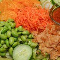 Crunchy Mandarin Salad · Mixed greens, carrots, cucumbers, mandarin oranges, fried wontons, edamame, ginger-carrot dr...