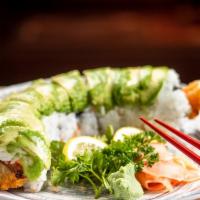 Dragon Roll · Sweet shrimp tempura, cream cheese, eel, asparagus, Kani, and masago I/O with avocado.