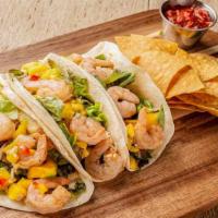 Shrimp Tacos · Grilled shrimp, spicy aioli, cabbage slaw, pico de gallo, lime sour cream.