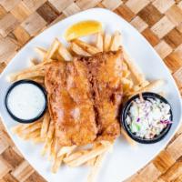 Fish Fry Family Meal · beer battered cobia, served with tartar sauce, slaw, and two family sized sides
