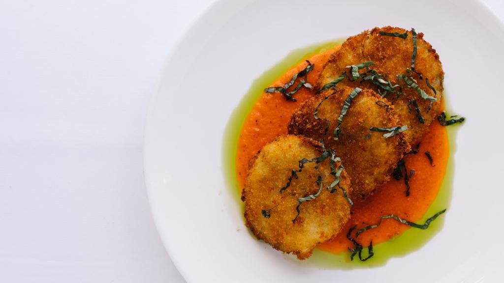 Fried Green Tomatoes · Goat cheese, red pepper coulis.