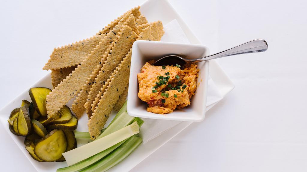 Pimento Cheese · Our b&b pickles, celery, benne seed crackers, make gluten friendly.