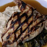 Springer Mountain Farms Grilled Chicken · Collard greens, mashed red bliss potatoes, honey-thyme jus, gluten friendly.