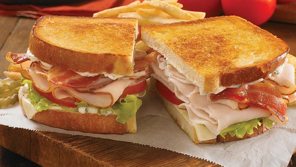 Roasted Turkey Bacon Ranch · Slow-roasted, sliced turkey breast, Applewood smoked bacon, Swiss cheese, fresh lettuce, sliced tomato and ranch dressing on toasted sourdough (Cal 835-1310)