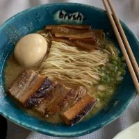 Tonkotsu Ramen · Pork broth, pork chashu, bamboo shoot, green onion, and garlic.

*Ramen egg is not included.