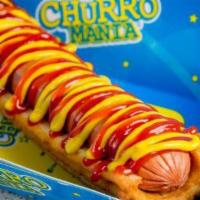 Churrodog · Delicious salty churro with sausage, glazed with the sauces of your choice.
