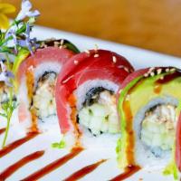 Rainbow Roll · California roll topped with tuna, salmon, yellowtail and red snapper, avocado.