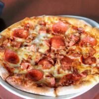 Meat Trio Pizza · andouille sausage, pepperoni, bacon, tomato sauce, mozzarella cheese