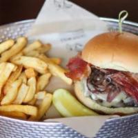 Pub Burger · bacon, griddled onions, monterey jack cheese, smoked gouda cheese, Iron Hill pub sauce