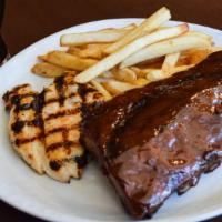 Chicken & Baby Back Ribs · char-grilled chicken breast, half rack of ribs with Bedotter Ale barbeque glaze, french fries