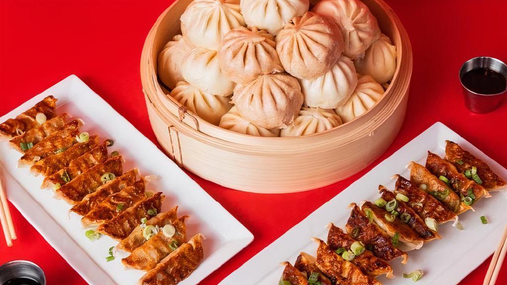 The Party Bundle · Perfect for a larger crowd of 8-12 people.. The Party Bundle is 24 of our signature bao (6 each of Teriyaki Chicken, BBQ Berkshire Pork, Spicy Mongolian Beef, and Whole Wheat Vegetable) and 24 pan-seared Ginger Chicken potstickers.