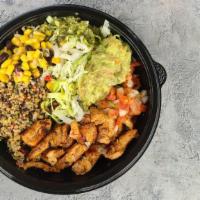 Healthy Quinoa Bowl · Your choice of grilled protein served on a bed of tricolor Quinoa with lettuce, guacamole, c...