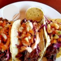  Steak Chimichurri Tacos (3) · 3 tacos made on corn tortillas, topped with Red cabbage, Pico de gallo, Chipotle Cream and c...