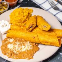 Chicken Flautas · 3 Seasoned minced chicken and cheese rolled up in corn tortillas and deep fried, served with...