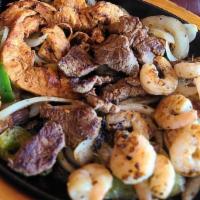 3 Way Fajita For 1 Person · Chicken, Steak and Shrimp grilled with green peppers and onion, served with tortillas, rice,...
