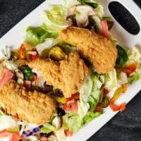 Chicken Tender Salad · 6 oz. breaded chicken tenders with lettuce mix and your choice of toppings.