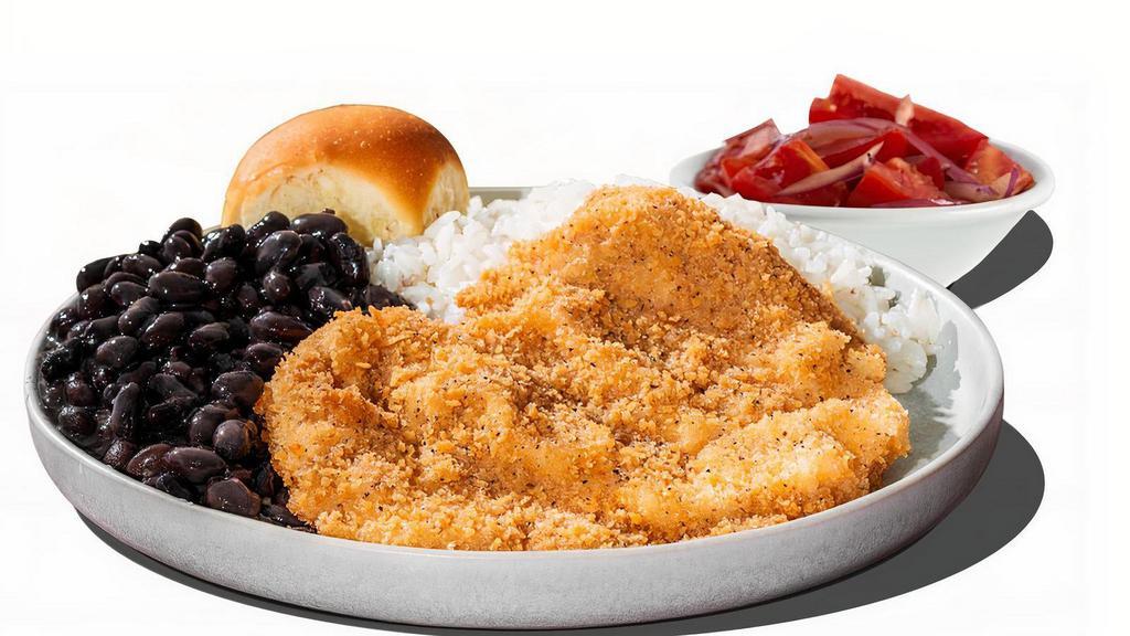 Crispy Chicken Platter - With Rice And Beans And 1 Additional Side · Enjoy our fresh, tender, citrus-marinated chicken covered in our lightly seasoned breading and fried to a delicious golden crisp paired our famous rice and beans PLUS an additional side of your choice..