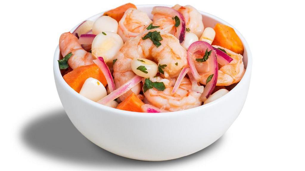 Shrimp Ceviche · In the mood for a tasty side of seafood with your signature platter or TropiChop®? Try our freshly prepared shrimp ceviche made with chocolo corn, red onions, aji amarillo, and cilantro, served chilled with delicious chunks of sweet potato. Any fresher and you’d have to catch it yourself!sunny smile on your face!