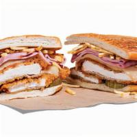 The Crispy Chicken Cuban · Crispy chicken breast and sliced ham served on a Cuban roll with, Gouda cheese, potato stick...